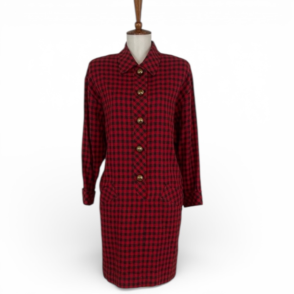 Vintage 90s‎ Checked Dress 6 3/4 Sleeve Shift Preppy Retro Cabincore Academia